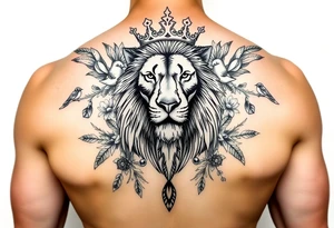 powerful majestic lion with a crown, surrounded by floral ornaments and birds tattoo idea