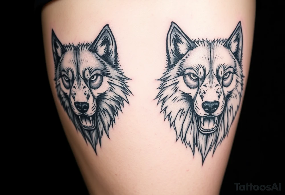Side by side black wolf face and white wolf face tattoo idea Side by side black wolf face and white wolf face tattoo idea