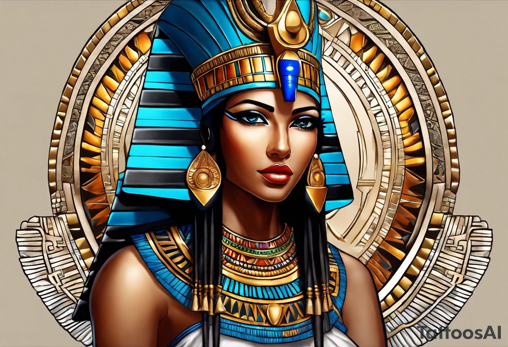 Egyptian figure girl. The figure should be full, include legs, featuring a regal headdress and detailed facial markings reminiscent of ancient Egyptian art. Include mystical and symbolic elements such as the Eye of Horus and ankh, blending subtly with geometric background patterns. 
Hyperrealism tattoo idea