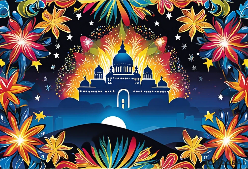 Fireworks burst across the night sky, surrounded by glowing candles and stars, capturing the magic and nostalgia of Colombian December nights. The scene is vibrant with multi-colored lights and an air of celebration. Soft linework mist or halos around the fireworks adds a magical, dreamy quality to the scene. The tattoo reflects joy and tradition, with an emphasis on warmth and festivity. tattoo idea