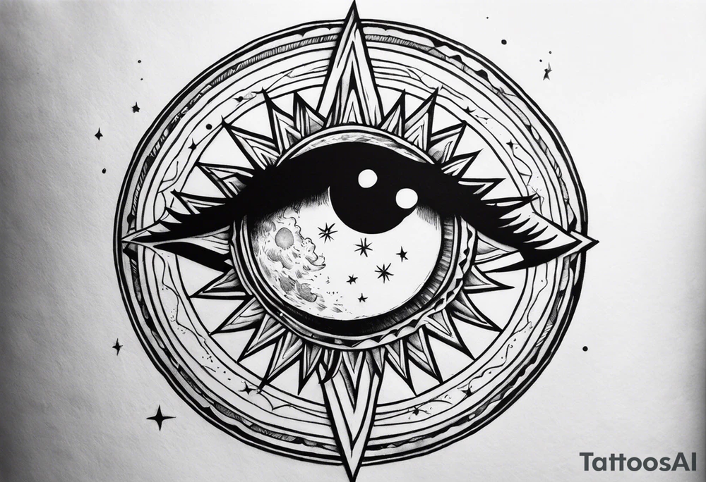 A eye, the moon on the right side, the sun on the left side tattoo idea