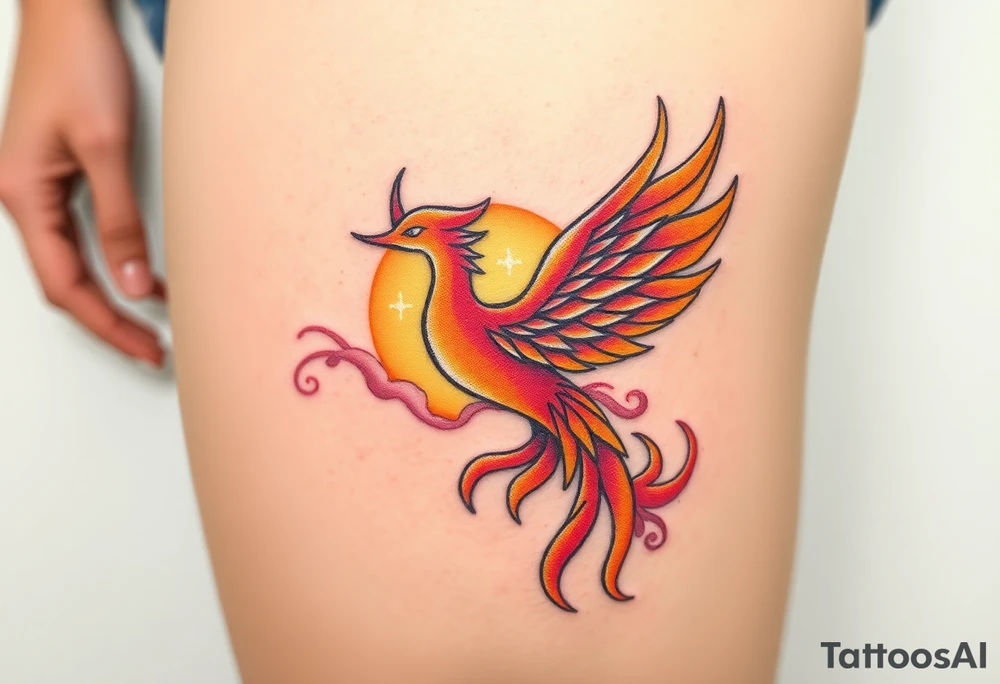 magnificent  phoenix rising from flames with trailing embers  and golden sunset and sky with puffy clouds and heaven backdrop pinks reds orange and yellows and golds with sparkles tattoo idea
