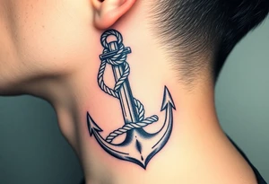 weathered anchor wrapped in nautical rope with sea waves tattoo idea