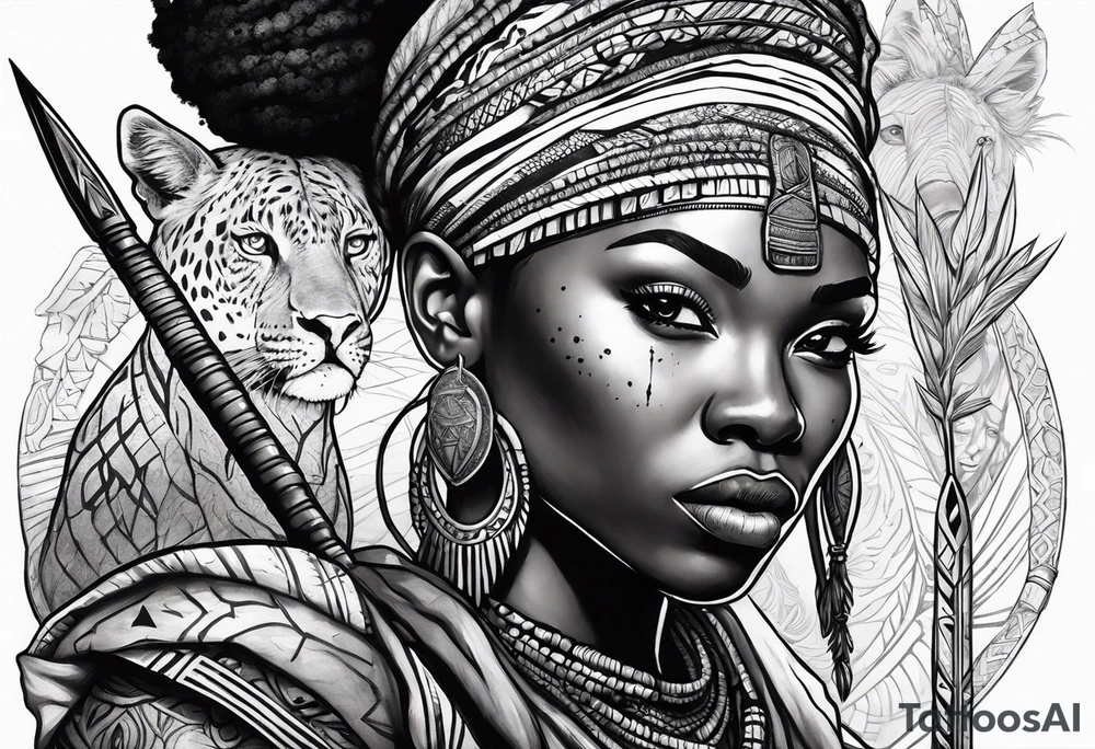 African woman warrior with tribe scars holding a spear with animals in the background tattoo idea