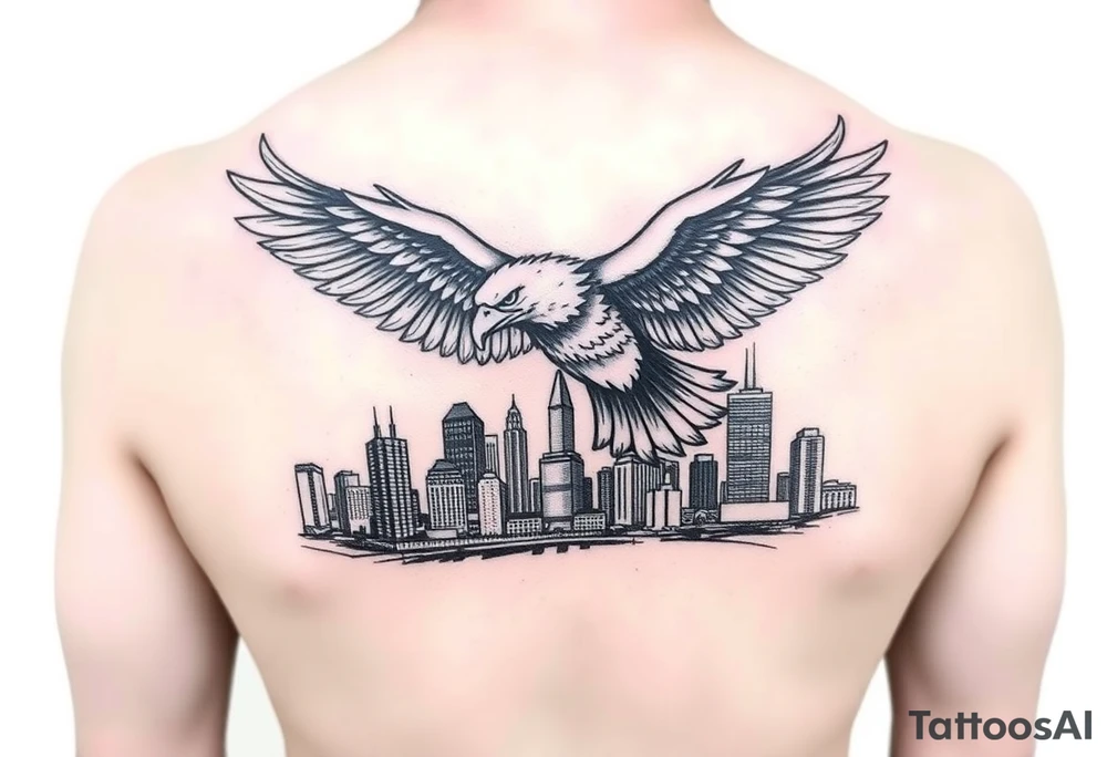Philadelphia Eagle flying over Philadelphia city skyline with a Go Birds under it tattoo idea