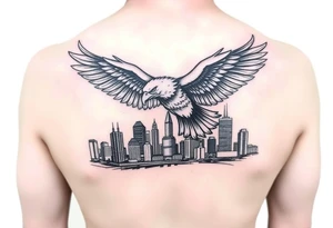 Philadelphia Eagle flying over Philadelphia city skyline with a Go Birds under it tattoo idea