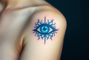 An Erudite eye symbol with glowing blue veins, representing sci fi movie Divergent tattoo idea