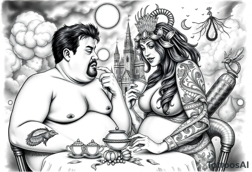 Naked Man and fat woman having sex eating cupcakes and  fruit  having sexy naked fat lady having a tea party with tea pots  swith fancy castle  
with mystical  a pigs, peacock,  lion, goat, noose and smoking cigerettes looking in the mirror thru storm clouds and broken hearts and darkness and wrath, envy , gluttony, greed, sloth, pride . Gothic tattoo idea