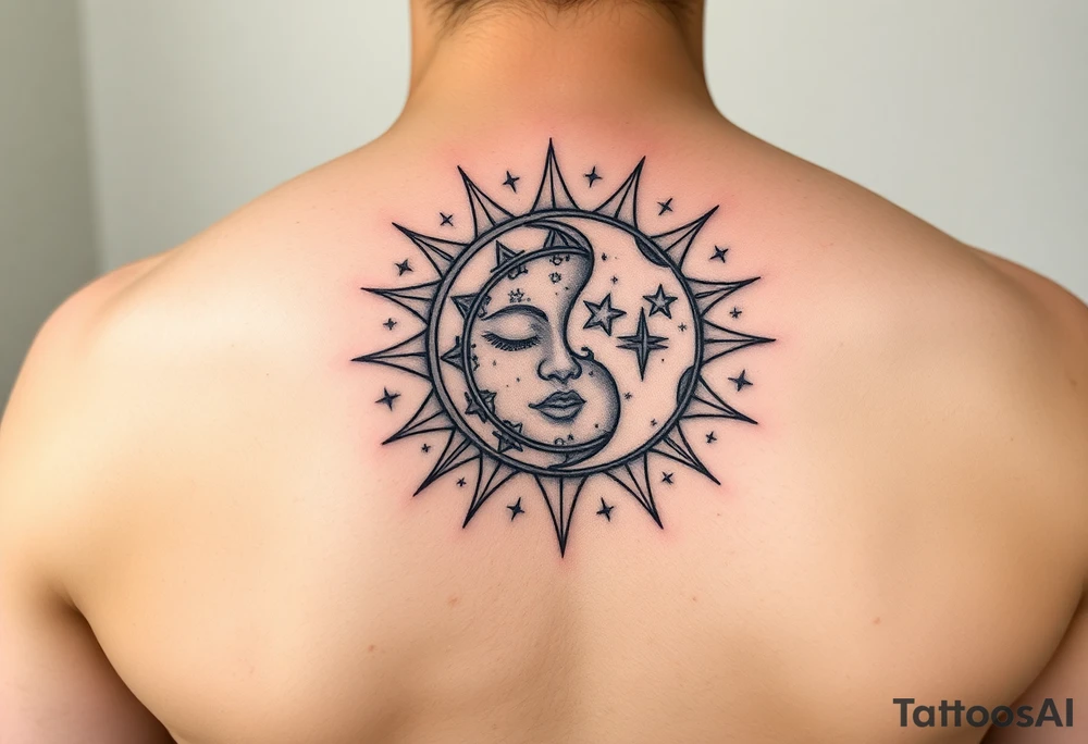 celestial sun and moon embrace with constellation patterns tattoo idea