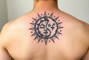 celestial sun and moon embrace with constellation patterns tattoo idea