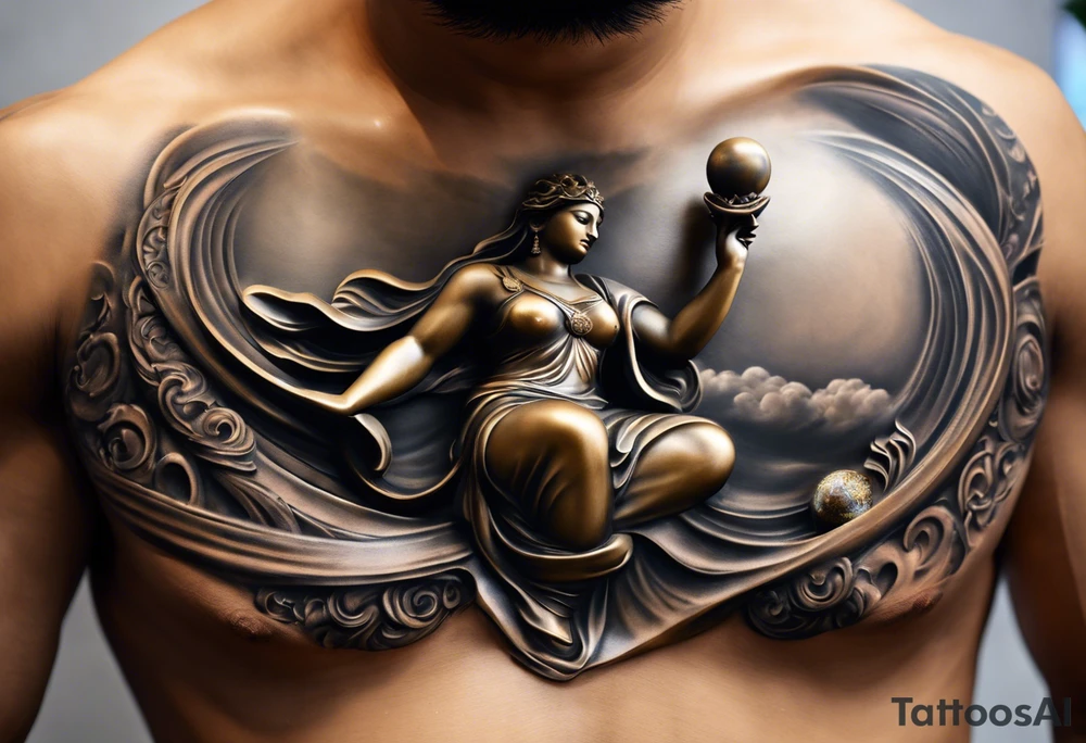 Visualize a mesmerizing tattoo featuring a majestic marble statue depicted in the process of breaking free from its stone confines, symbolizing the liberation of the mind and the pursuit of higher understanding. The statue's form, sculpted with meticulous detail, appears to be emerging from a celestial shell adorned with cosmic motifs and swirling galaxies. As the shell fractures, radiant beams of light pierce through, illuminating the surrounding space in a breathtaking display of enlightenment and awakening. In the background, a vast expanse of stars and celestial bodies stretches into infinity, evoking a sense of wonder and boundless potential. This tattoo serves as a powerful metaphor for breaking free from limitations and embracing the expansive universe of knowledge and possibility. tattoo idea