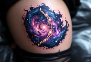 A realistic galaxy-inspired Sagittarius tattoo in swirling purples, blues, and blacks with tiny white stars forming the constellation. tattoo idea