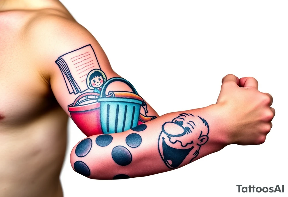 Childhood memories of a book, a bucket and spade, a football, a cricket bat, a cartoon of Dennis the Menace from the Beano comic, and the American Idiot symbol tattoo idea