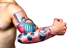Childhood memories of a book, a bucket and spade, a football, a cricket bat, a cartoon of Dennis the Menace from the Beano comic, and the American Idiot symbol tattoo idea