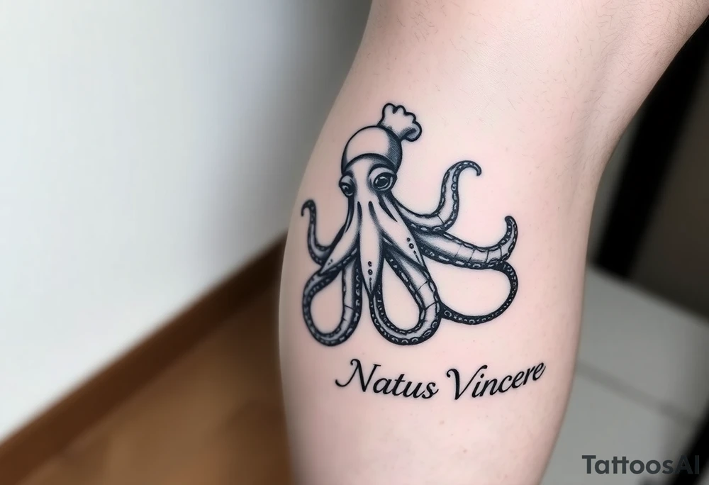 An octopus on the right calf with the Latin phrase Natus Vincere; the tattoo has to be very realistic and the octopus must be wearing a chef's hat. tattoo idea