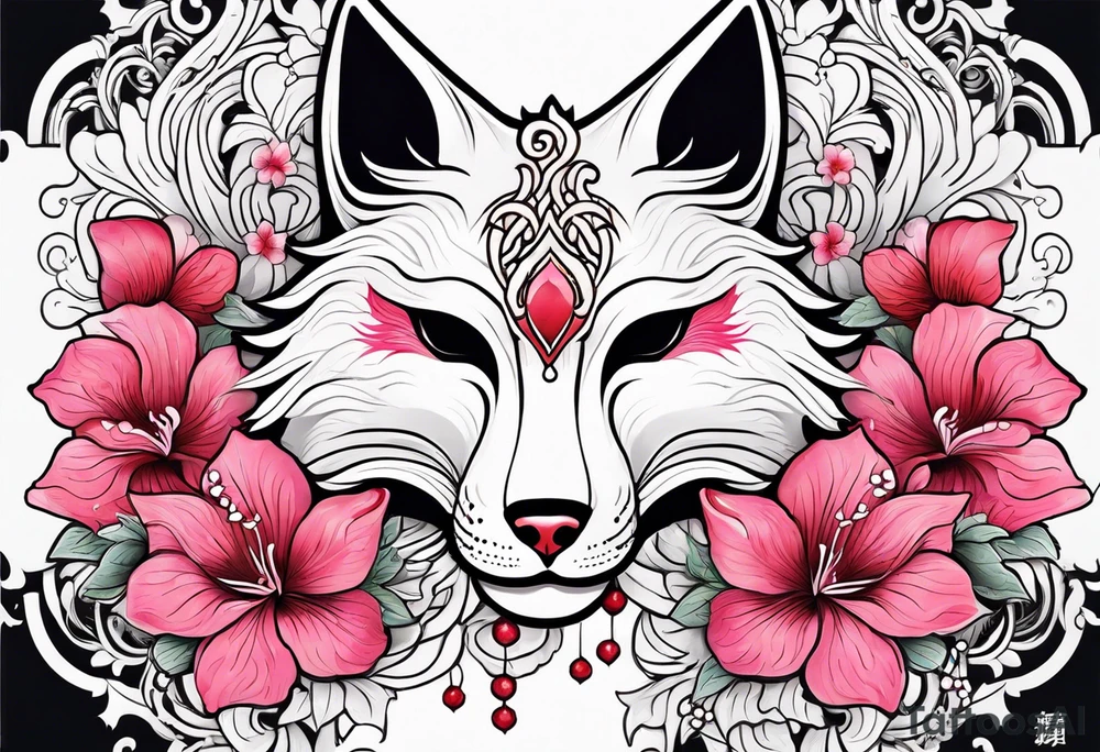White kitsune Japanese mask with red accents and pink hibiscus flowers tattoo idea