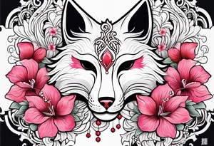 White kitsune Japanese mask with red accents and pink hibiscus flowers tattoo idea