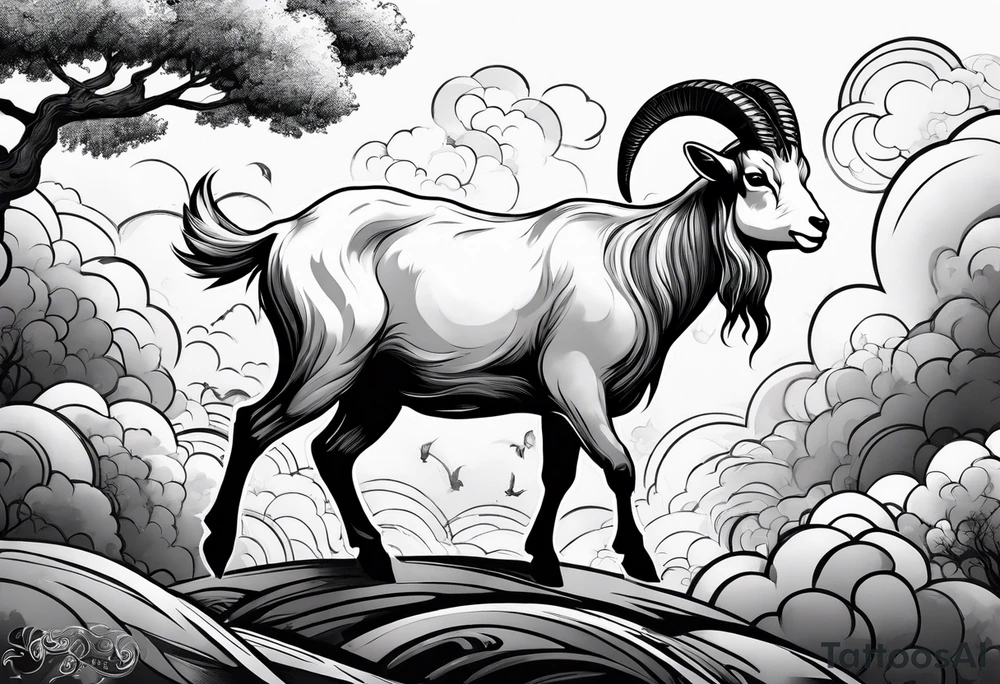 full body goat with kumo clouds tattoo idea