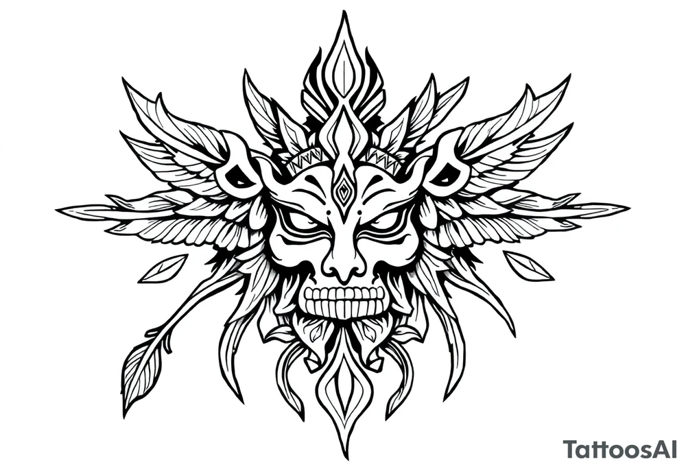 long shaman  style mytical bold line with ancient rhyme tattoo idea