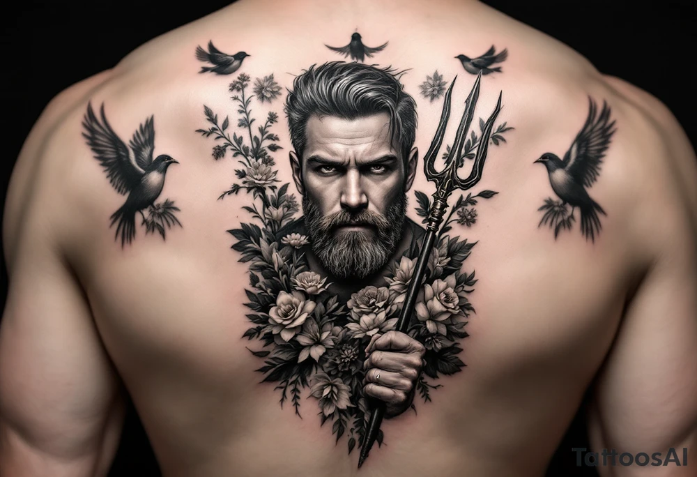 man with a trident, surrounded by floral ornaments and birds tattoo idea