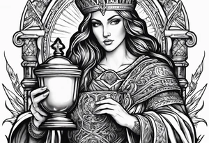 Saint Barbara holding a chalice with cannons and lightning tattoo idea