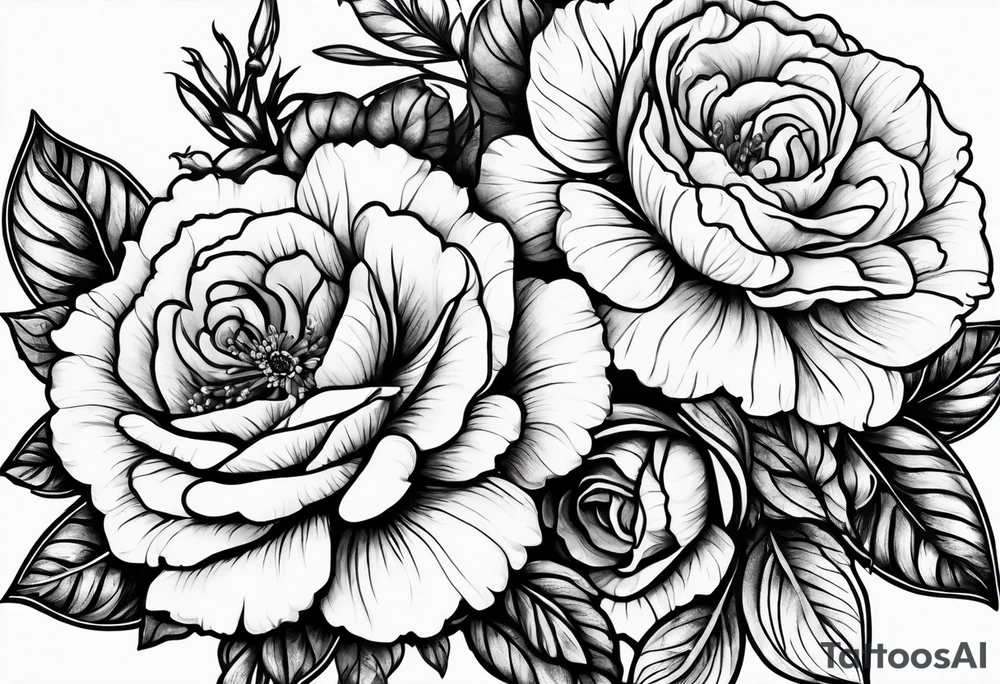 create delicate sketch of a floral tattoo with roses and marigold flowers tattoo idea