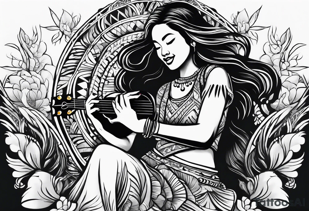 hula plynesian girl squating and dance with ukulele tattoo idea