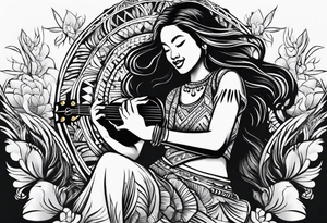 hula plynesian girl squating and dance with ukulele tattoo idea