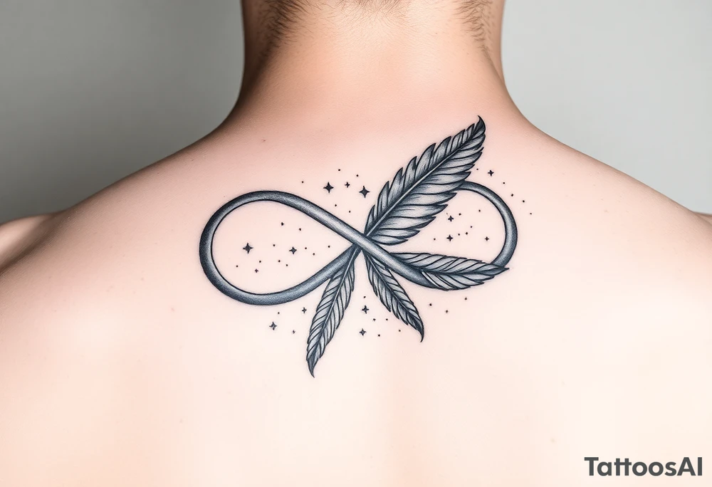 infinity symbol woven with floating feathers and stardust tattoo idea