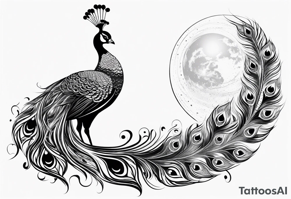 black and white peacock with infinity in feather and moon above tattoo idea