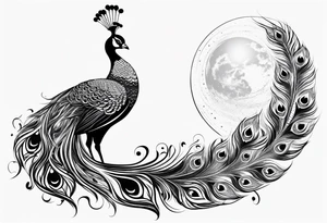 black and white peacock with infinity in feather and moon above tattoo idea