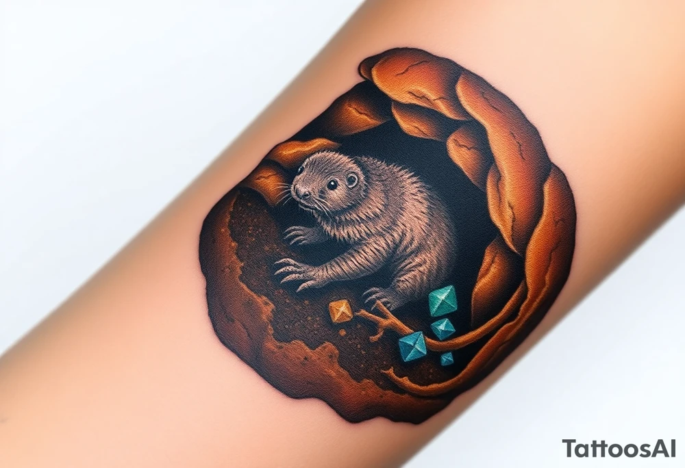 A mole depicted in underground tunnel in a cross-section with dark brown soil, golden roots, and hidden gems sparkling in the earth tattoo idea