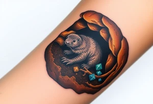 A mole depicted in underground tunnel in a cross-section with dark brown soil, golden roots, and hidden gems sparkling in the earth tattoo idea