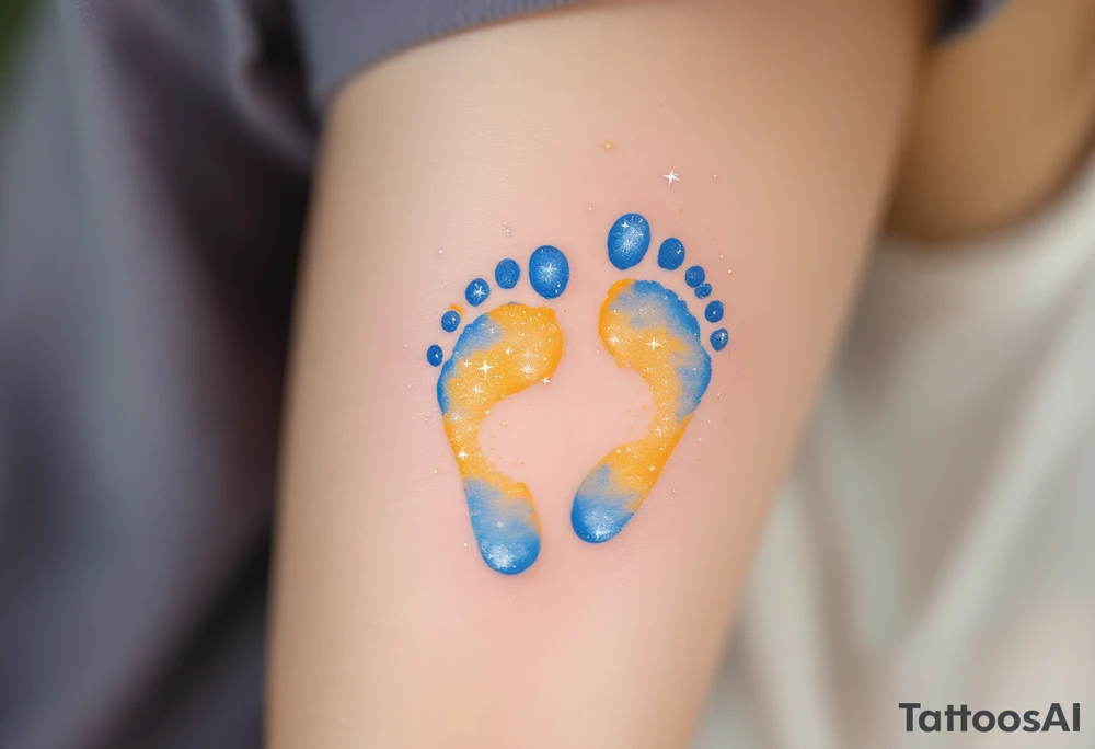 Pale blue and soft yellow footprints of Jana, surrounded by tiny sparkles to highlight her sparkling personality. tattoo idea