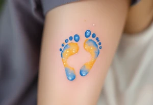 Pale blue and soft yellow footprints of Jana, surrounded by tiny sparkles to highlight her sparkling personality. tattoo idea