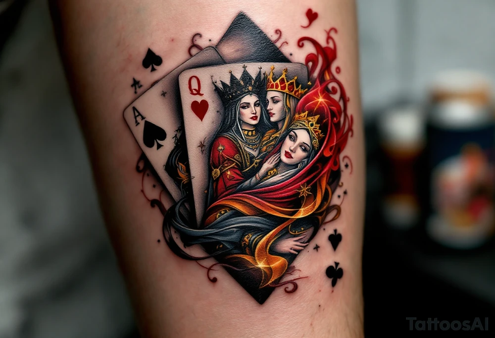 A playing cards tattoo showing the ace of spades, queen of hearts, and king of clubs fanned out in rich black, deep red, and golden-yellow ink, with realistic card textures, subtle shadowing, and faint smoky wisps curling around the edges for a dramatic, high-stakes vibe. tattoo idea