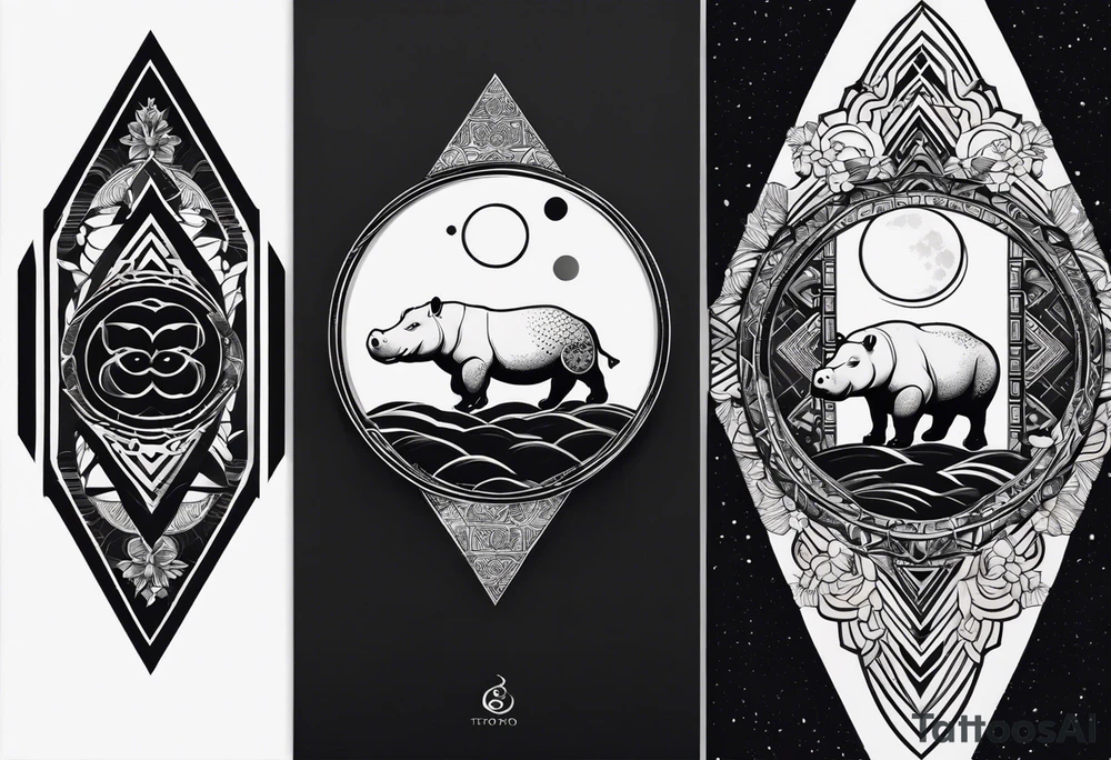 Very asymmetrical, +geometric pattern, with realistic full moon, with seeious looking hippo, +zen feel, + Buddhism touch, +tribal, +geometric
with wintersweet flower bud, +portrait orientation, +inkart touch, tattoo idea