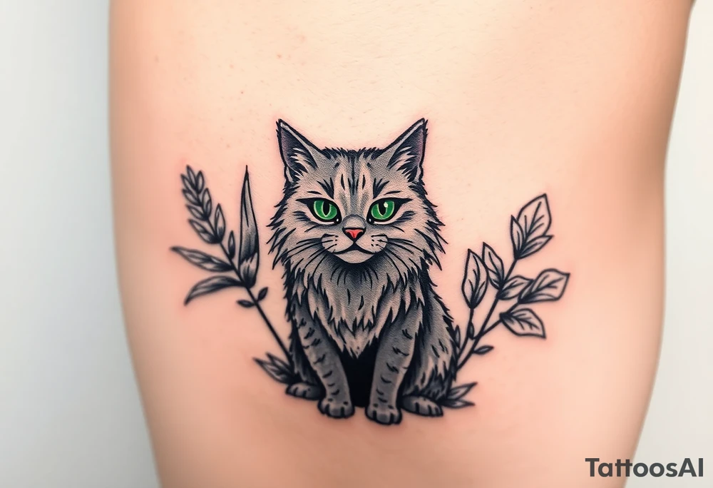 6x6 Minimalist cartoon style tattoo for back of thigh of along haired grey cat with green eyes surrounded by house plants tattoo idea