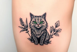 6x6 Minimalist cartoon style tattoo for back of thigh of along haired grey cat with green eyes surrounded by house plants tattoo idea