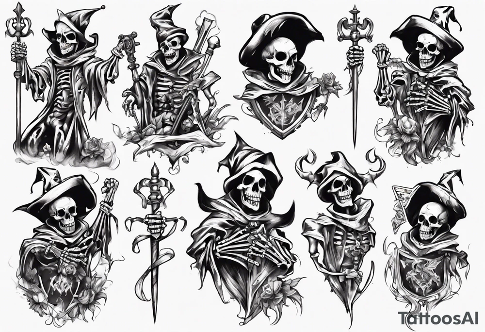 Skeleton court Jester with sword tattoo idea