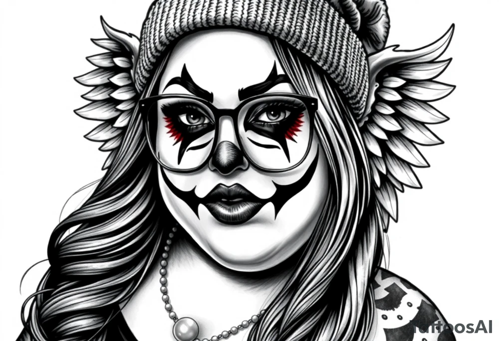 Chicana BBL fat sexy chunky plus size beautiful long hair clown makeup angel wings thug beanie eyeglasses tattoo idea