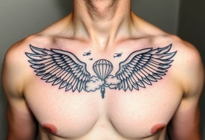 tattoo only  n the left side of the chest, paratrooper wings in the clouds with helicopters and paratroopers tattoo idea