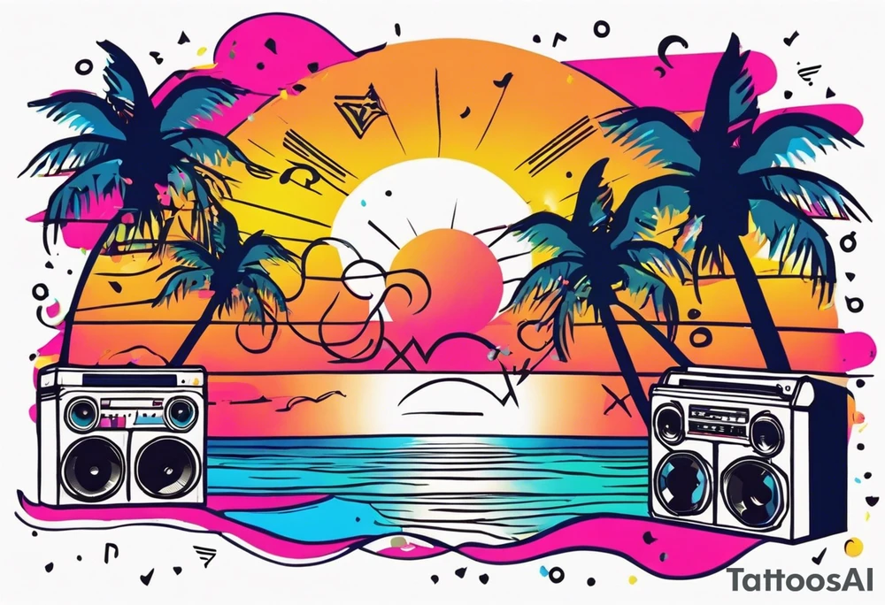 1980's miami vice style beach dance 
party, include confetti, music notes, boom box, bikinis sunset in the center tattoo idea