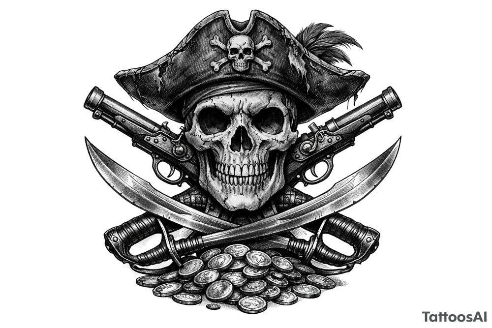 Black and grey skull with pirate hat, crossed flintlock pistols, sabers, and scattered gold coins. tattoo idea