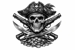 Black and grey skull with pirate hat, crossed flintlock pistols, sabers, and scattered gold coins. tattoo idea