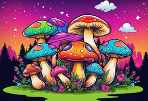 Fairies on mushrooms neon colors tattoo idea