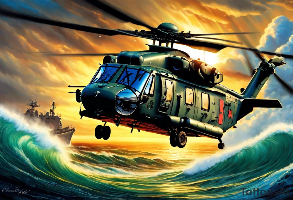 A cinematic-style tattoo depicting a Canadian military CH-148 Cyclone helicopter performing a daring maneuver over a turbulent ocean. The sky should be filled with dramatic clouds, and the sun should be setting, casting long shadows. The helicopter should be the main focus, with intricate details and a sense of motion tattoo idea