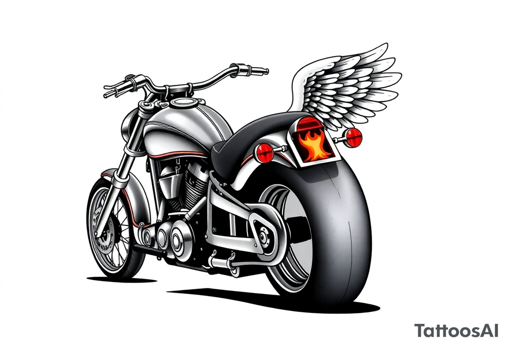 Low rider grey motorcycle, big muffler pipes with flames, angel wings, driving away, no person tattoo idea