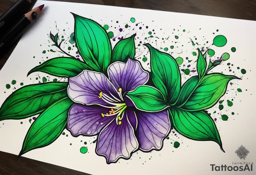 A mystical outline of a green rio dipladenia flower and a green/purple watercolor splatter in the background tattoo idea