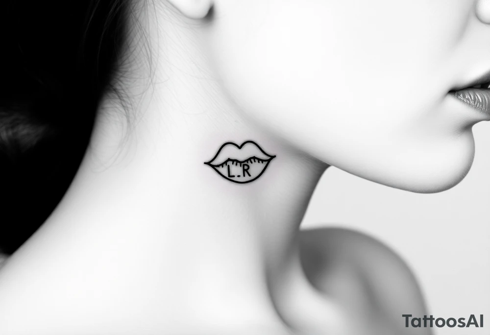 Feminine kiss mark tattooed on the neck with the initials lrs beside it tattoo idea